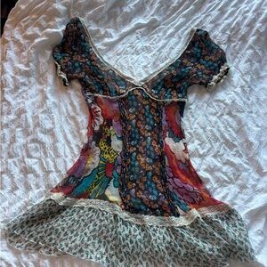 Vintage Boho Floral Mixed-Print Sheer Short Sleeve Women's dress- Multicolor